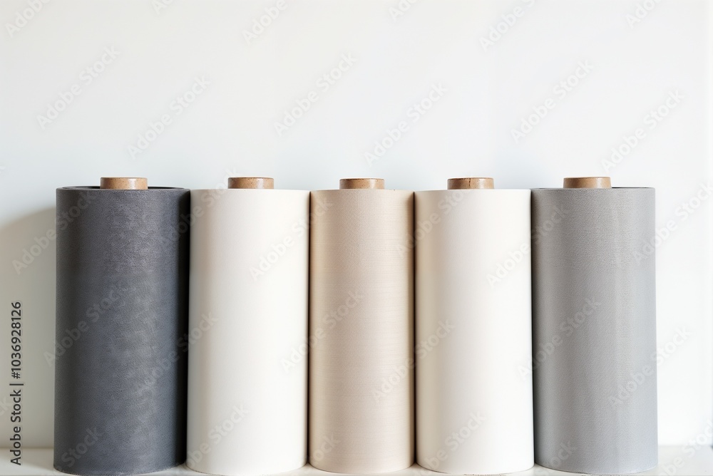 Colorful rolls of various fabrics are neatly lined up on a table Colorful rolls of various fabrics are neatly lined up on a table
