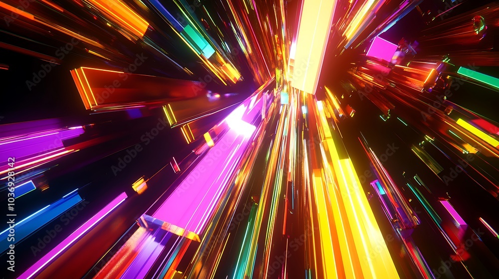 3D render of an abstract background featuring a colorful spectrum with bright neon rays and glowing lines 3D render of an abstract background featuring a colorful spectrum with bright neon rays and glowing lines