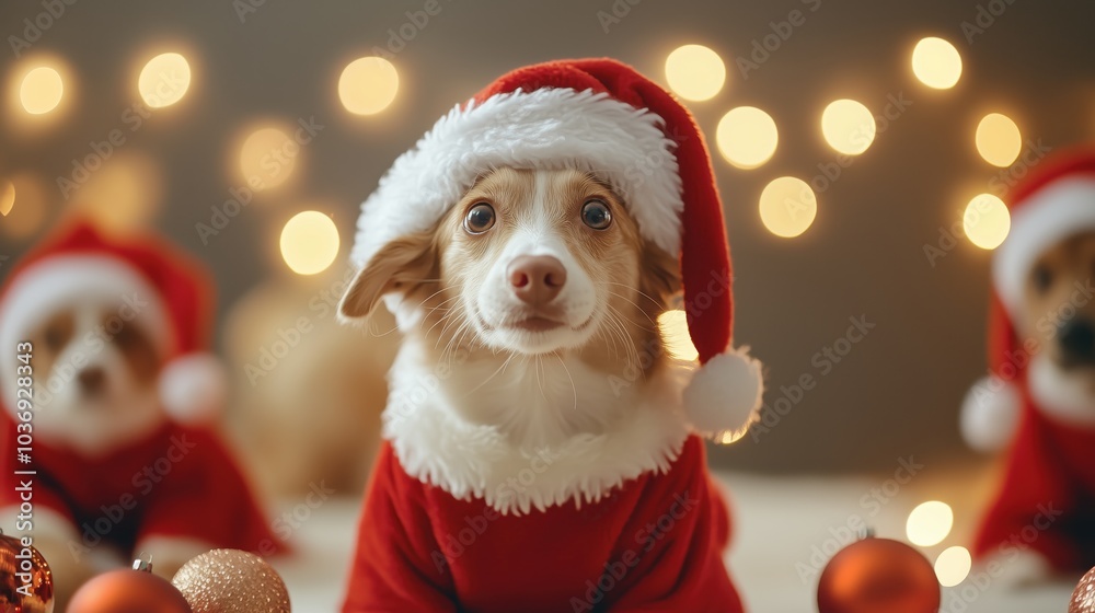 Festive dog wearing a Santa hat surrounded by Christmas ornaments with shimmering lights in the background. Festive dog wearing a Santa hat surrounded by Christmas ornaments with shimmering lights in the background.