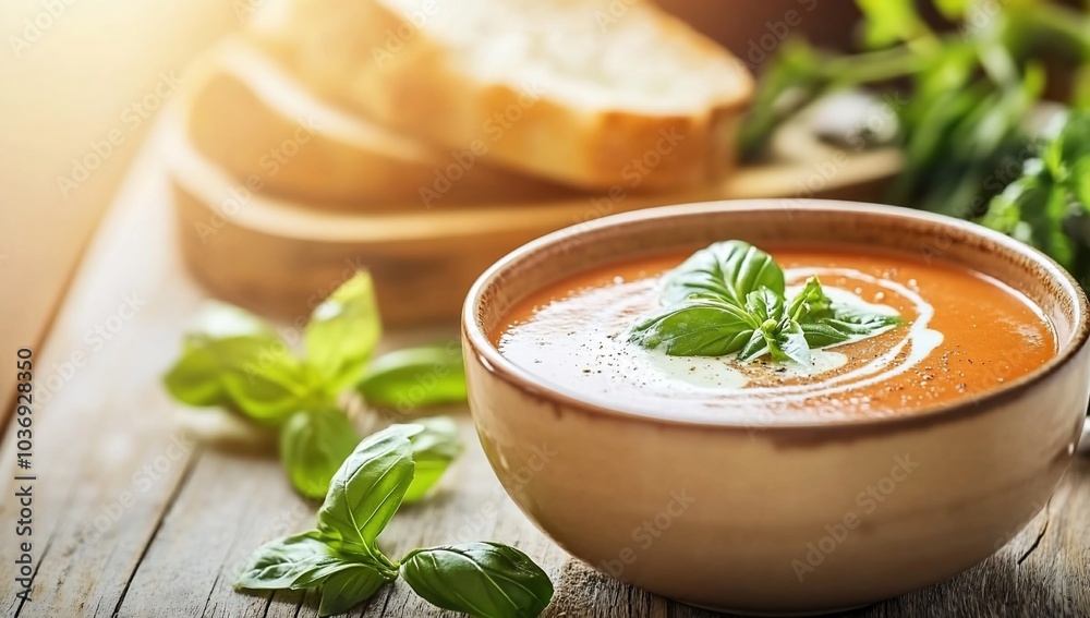 A bowl of tomato soup garnished with basil, served with bread. A bowl of tomato soup garnished with basil, served with bread.