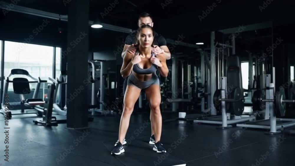 Personal coach man and a athlete woman in her work out together in a gym. The man is helping the woman with her exercises, and they are both focused on their routine Personal coach man and a athlete woman in her work out together in a gym. The man is helping the woman with her exercises, and they are both focused on their routine