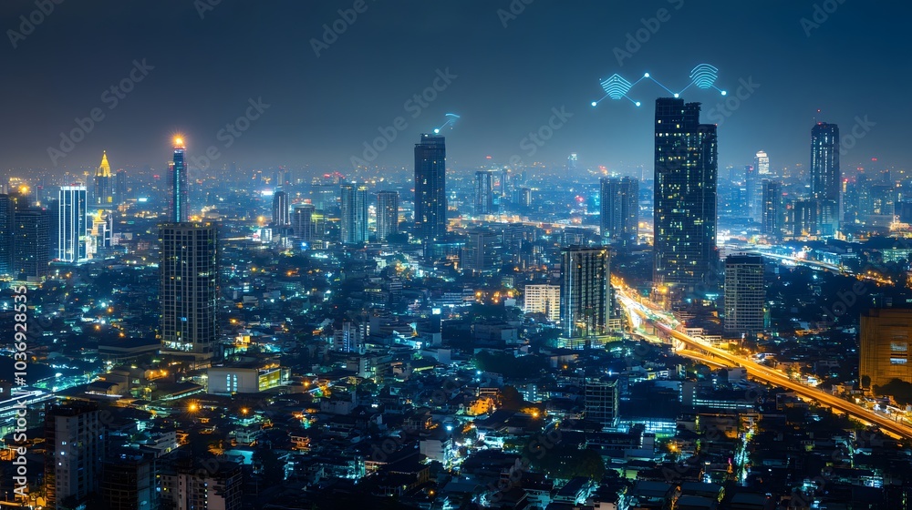 Fototapeta premium Wireless network and Connection technology concept with Abstract Bangkok city background in panorama view. 