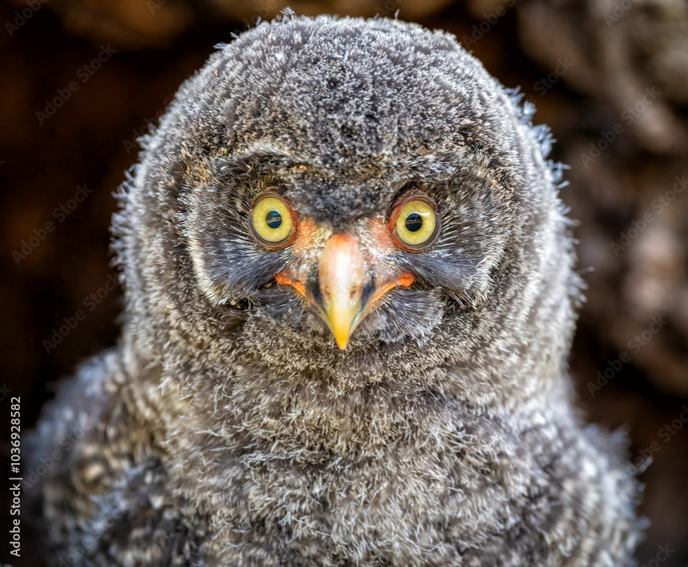 Fototapeta premium Closeup shot of a young Great gray owl on the blurry background