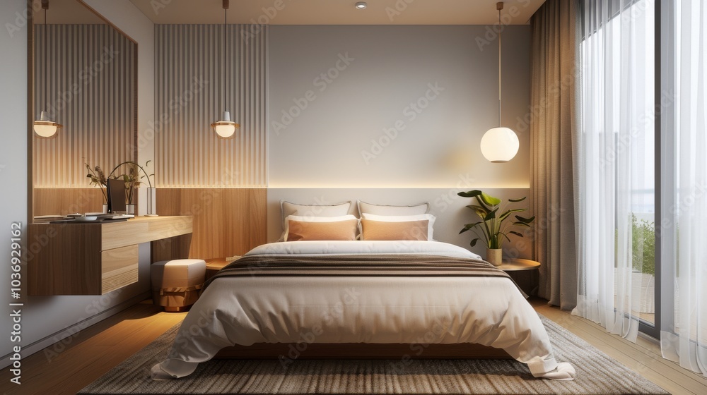 Fototapeta premium A cozy urban Scandinavian bedroom with a double bed, a minimalist headboard