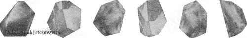 3D vector gradient geometric shapes with noise effect. Cube, cylinder, triangle, rhombus with grainy dot texture.