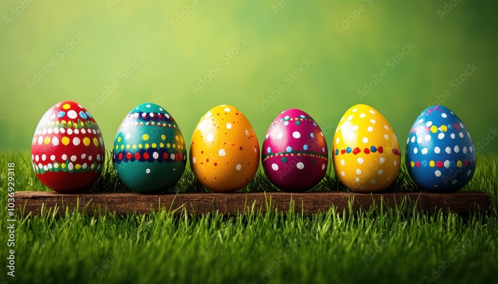 Colorful painted Easter eggs on rustic bench in spring meadow setting Colorful painted Easter eggs on rustic bench in spring meadow setting