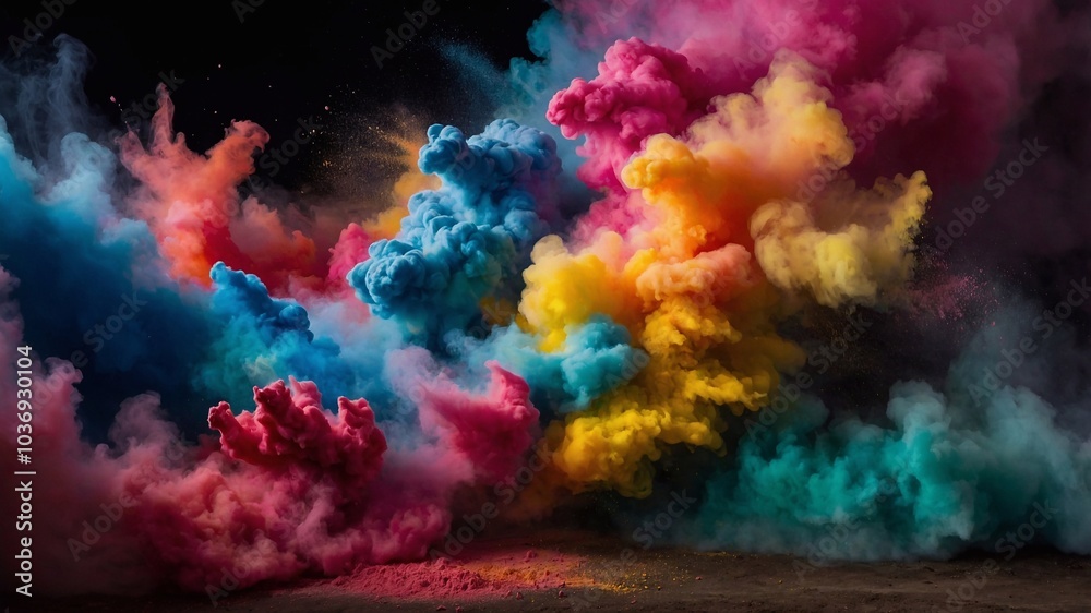 Explosion of multicolored powder on black background. Holi colors in the air. Bright background, abstract Explosion of multicolored powder on black background. Holi colors in the air. Bright background, abstract