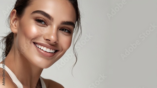 Close-up beauty girl face. Young modal woman with clean skin and nude make-up. Toned image 