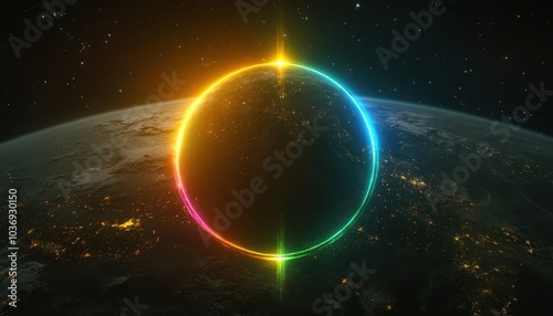 Vibrant solar eclipse with neon colors illuminating the planet in a dark sky