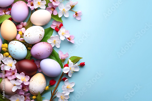 Easter pink eggs and flowers on a light blue background, space for text, top view