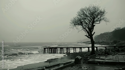 Coastal Town Aftermath: Debris-Laden Streets, Damaged Pier Over Turbulent Ocean, Solitary Resilient Tree Amidst Ruins