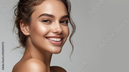 Close-up beauty girl face. Young modal woman with clean skin and nude make-up. Toned image	