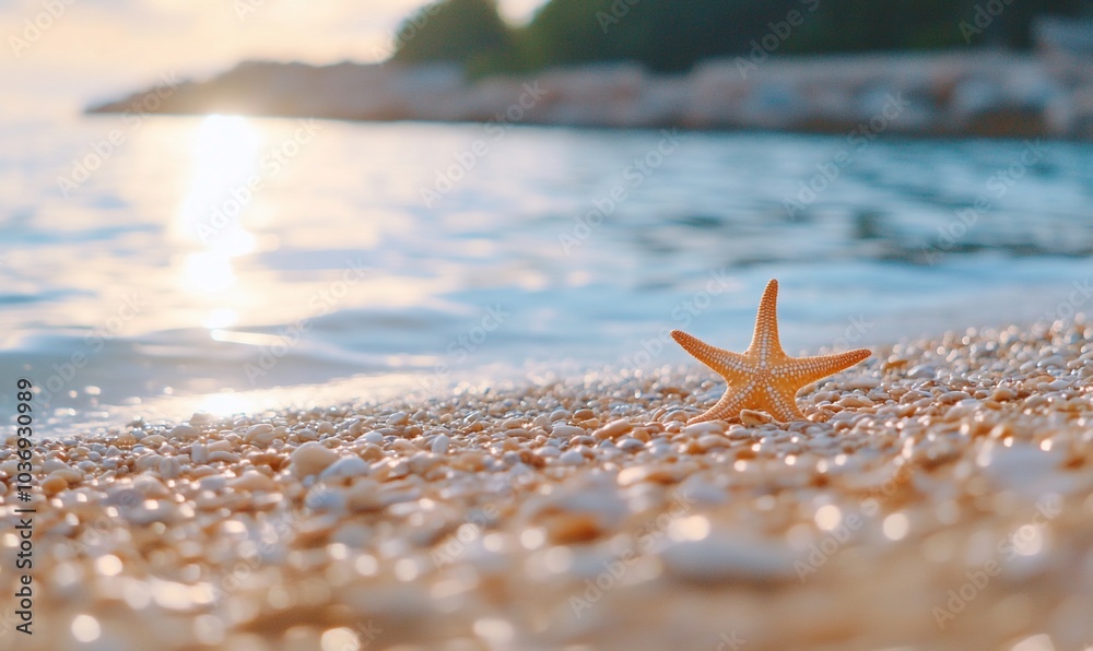 A starfish rests on a sandy beach, reflecting sunlight on the water. A starfish rests on a sandy beach, reflecting sunlight on the water.