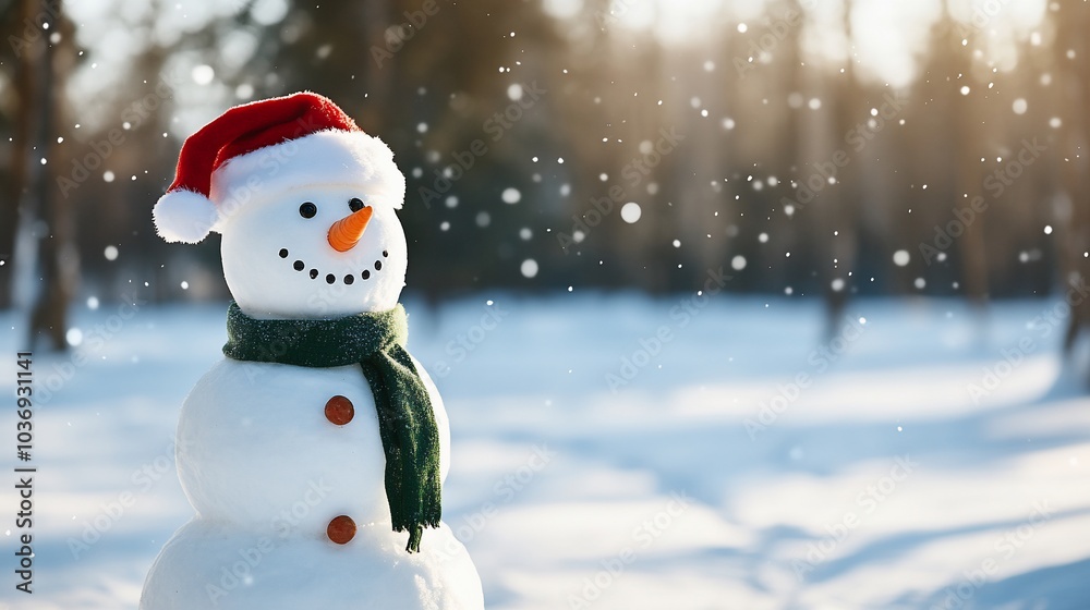A cheerful snowman wearing a Santa hat and scarf in a snowy landscape. A cheerful snowman wearing a Santa hat and scarf in a snowy landscape.
