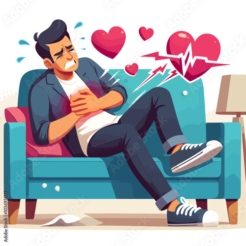 A man is sitting on a couch with a heart on his chest