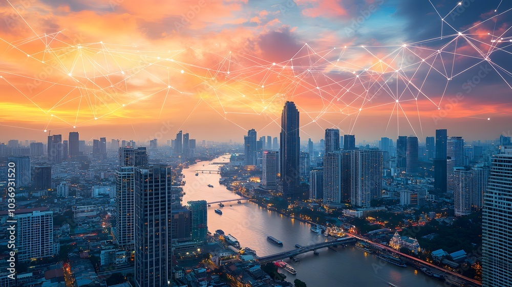 Fototapeta premium Wireless network and Connection technology concept with Abstract Bangkok city background in panorama view. 