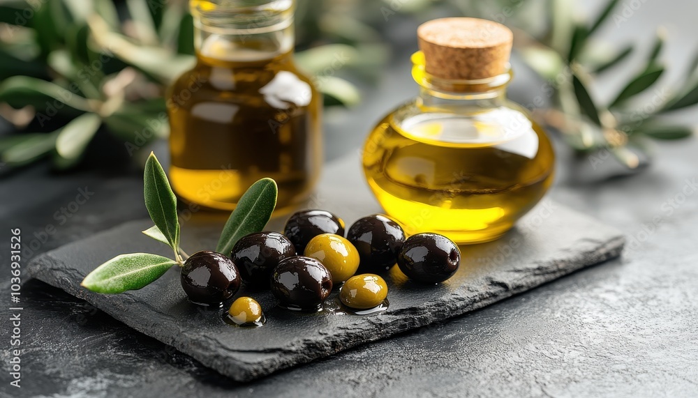 Elegant olive oil set showcasing glass bottles, olives, and a close-up drop on slate