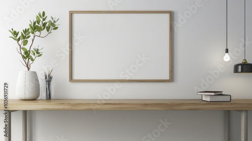 Wallpaper Mural A minimalist home office with a modern wooden desk and white walls. The focus is on a blank picture frame, either on the desk or on the wall Torontodigital.ca