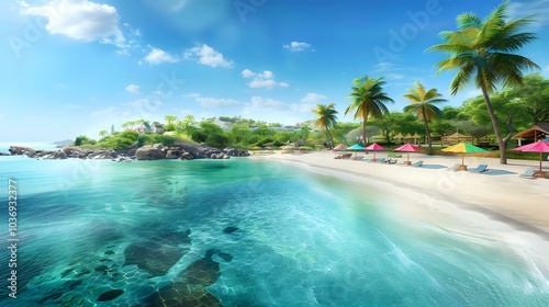 A serene beach scene with clear water, palm trees, and lounge chairs for relaxation.