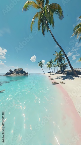 A serene beach scene with palm trees and clear turquoise water under a bright sky.