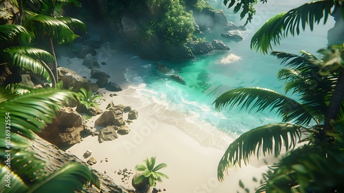 A serene beach scene with palm trees and clear turquoise water.