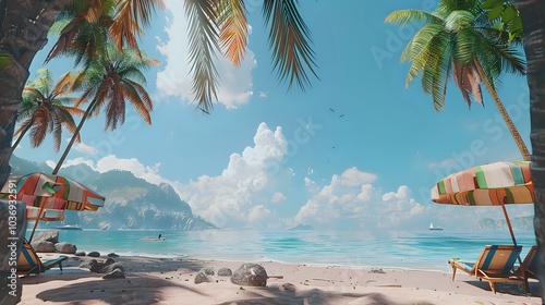 A serene beach scene with palm trees, lounge chairs, and a calm ocean under a bright sky.