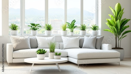 Bright and airy minimalist living room with plants and city view in modern design