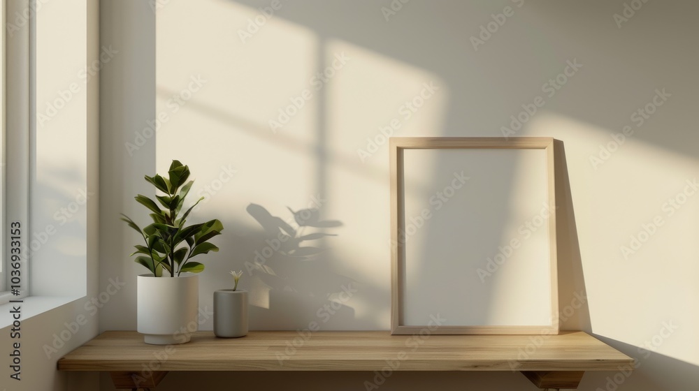 A minimalist home office with white walls and a wooden desk. The desk features a blank picture frame and a small decorative item. Gentle