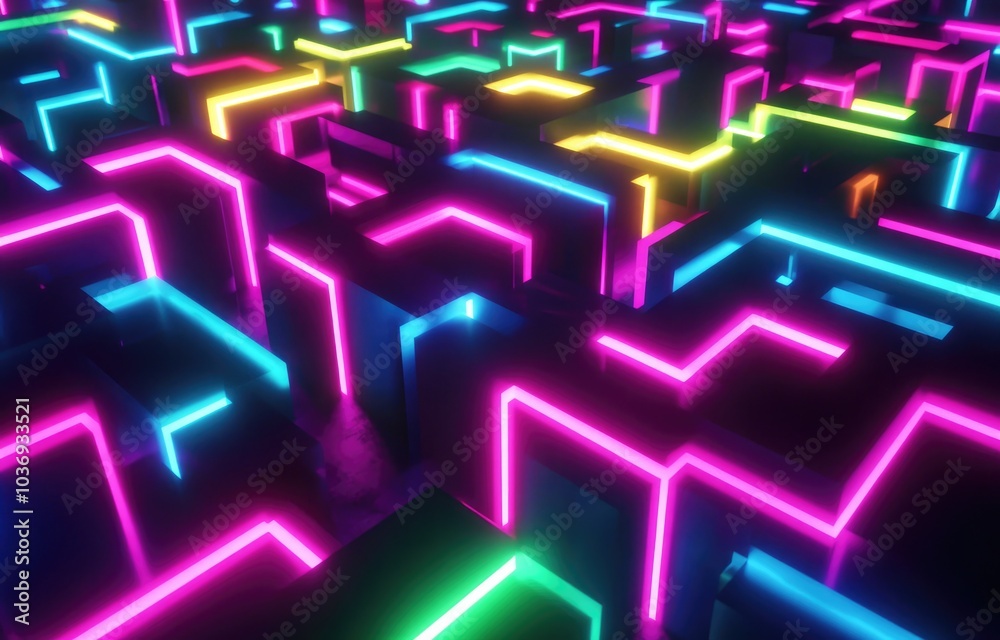 A vibrant maze of neon lights creating an abstract, futuristic landscape. A vibrant maze of neon lights creating an abstract, futuristic landscape.