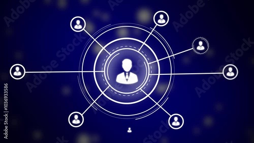  Animation of network of connections with icons over office Modern graphic interface showing professional employee hiring and headhunter seeking must have keyframes selected in order to export  photo