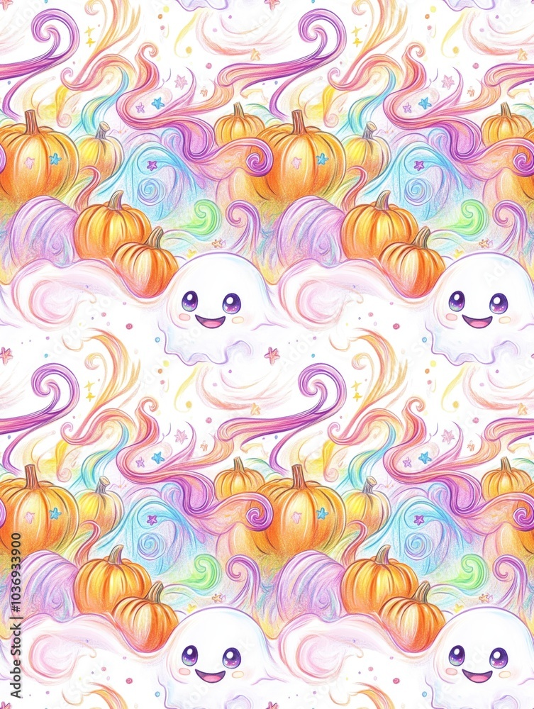 Fototapeta premium Whimsical Ghosts and Pumpkins Pattern Background