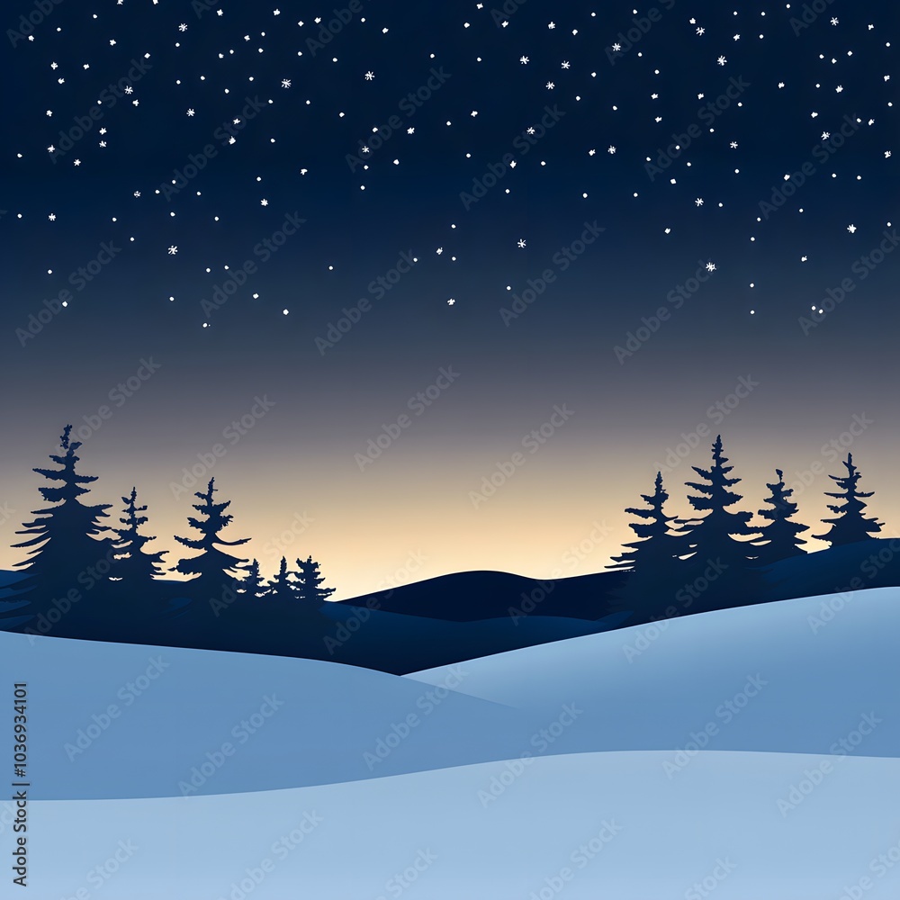 Fototapeta premium Winter Night Landscape with Snowy Hills and Fir Trees Under a Starry Sky