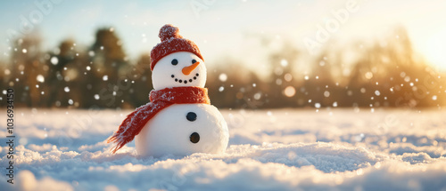 Charming snowman in a winter wonderland setting, Winter wallpaper with copy space photo