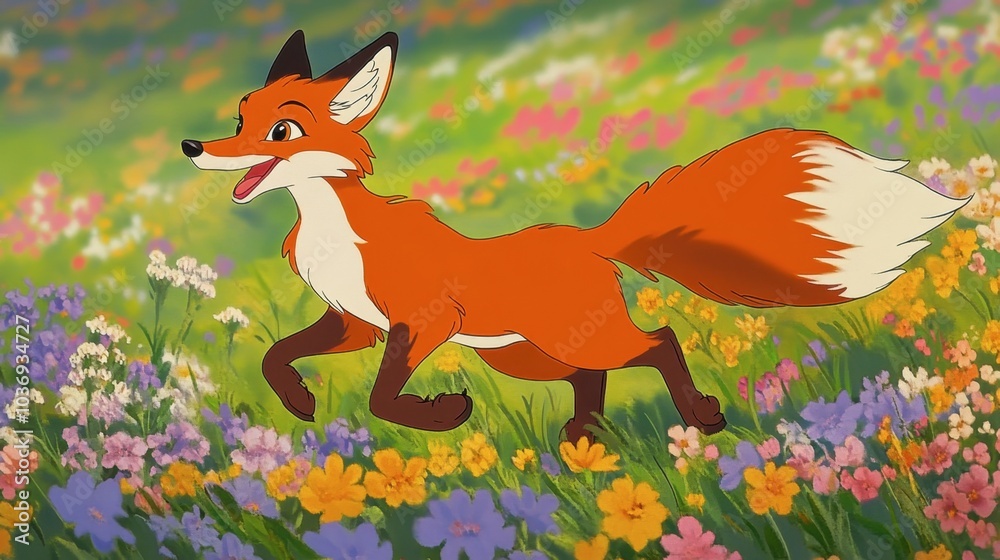 Playful Fox Running Through Colorful Flower Field Playful Fox Running Through Colorful Flower Field
