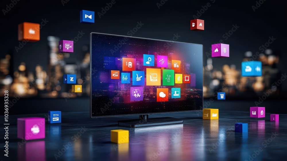 Colorful Digital TV Display with Apps and Icons Colorful Digital TV Display with Apps and Icons