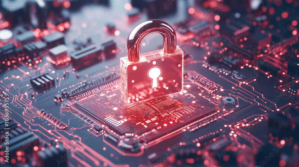 Hardware security and data safety concept. Digital lock with central computer processor and futuristic circuit board. Motherboard digital chip tech science background.
