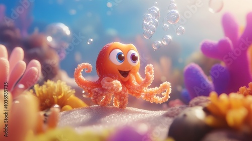 Happy Octopus Swimming in Colorful Coral Reef
