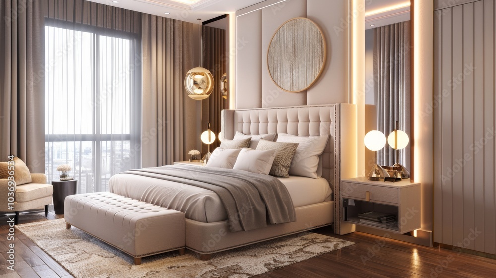 Fototapeta premium A modern and chic Scandinavian bedroom featuring a double bed with an upholstered headboard, bedside tables