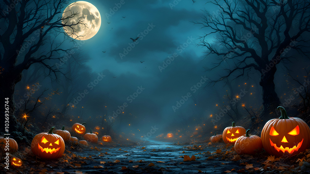 Fototapeta premium A spooky forest path lined with glowing jackolanterns under a full moon. Bats fly overhead, casting shadows on the misty night. Fall leaves litter the ground, adding to the eerie ambiance.