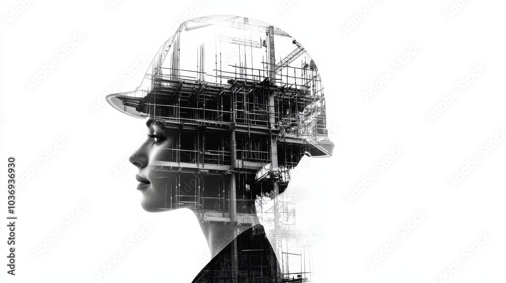 double exposure of woman in construction helmet with isolated background double exposure of woman in construction helmet with isolated background