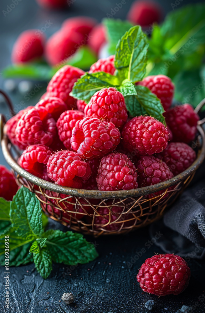 A basket of red raspberries with green leaves. The basket is on a black background A basket of red raspberries with green leaves. The basket is on a black background