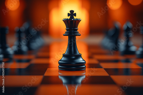 A black chess piece is on a checkered board. The image has a mood of suspense and anticipation