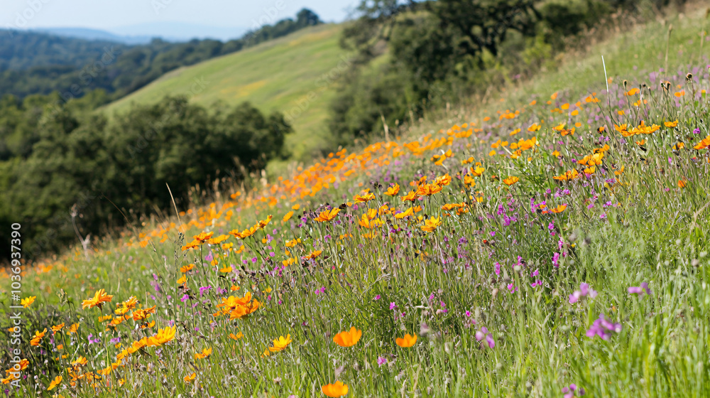 Fototapeta premium A vibrant hillside covered in colorful wildflowers during spring.
