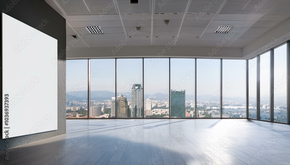 Fototapeta premium Clean interior with empty white mock up banner, panoramic windows, city view and daylight. 3D Rendering.
