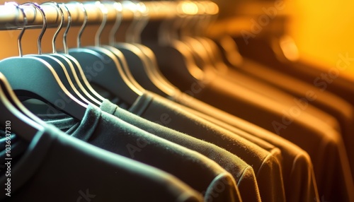 Clothing rack displays various shirts in a boutique with warm lighting