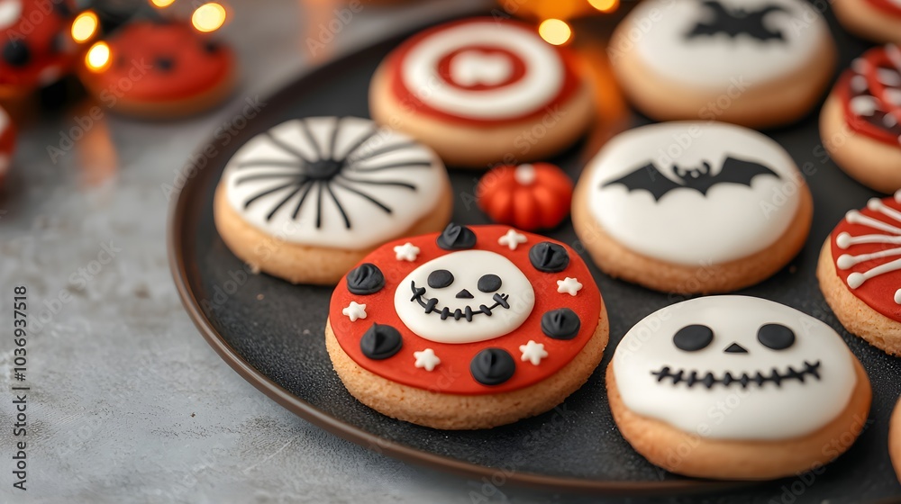 Festively decorated Halloween cookies on a platter Festively decorated Halloween cookies on a platter