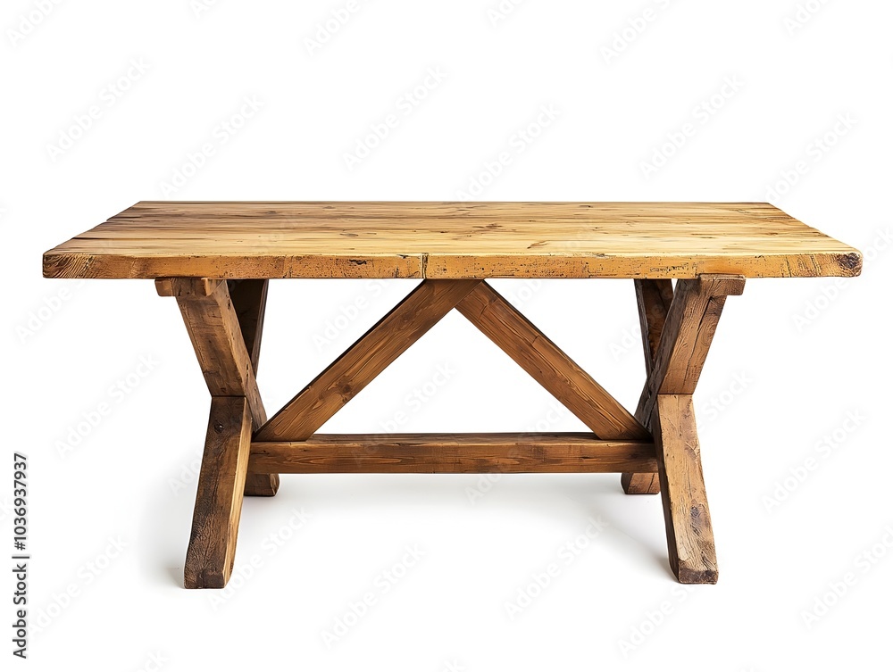 Rustic Wooden Dining Table with Sturdy Trestle Base on White Background Rustic Wooden Dining Table with Sturdy Trestle Base on White Background