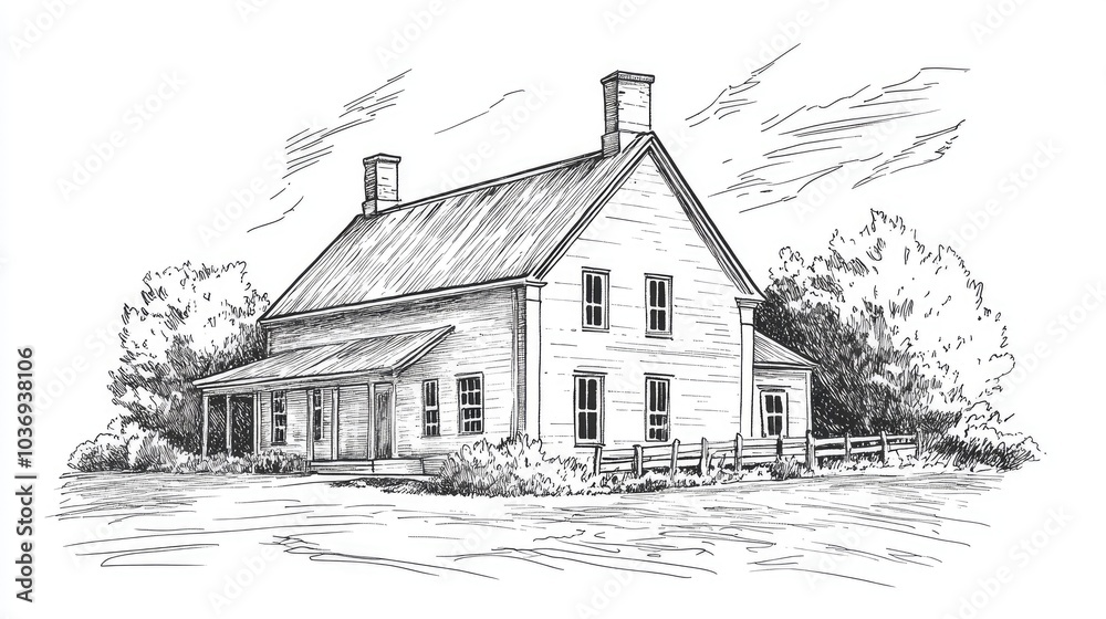Obraz premium An illustrated vintage line drawing of a historic hall associated with a forebear of a notable American president
