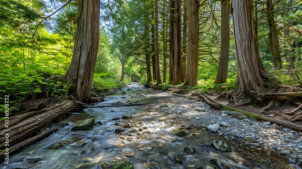 Obraz premium A serene forest scene featuring a flowing stream surrounded by tall trees and lush greenery.