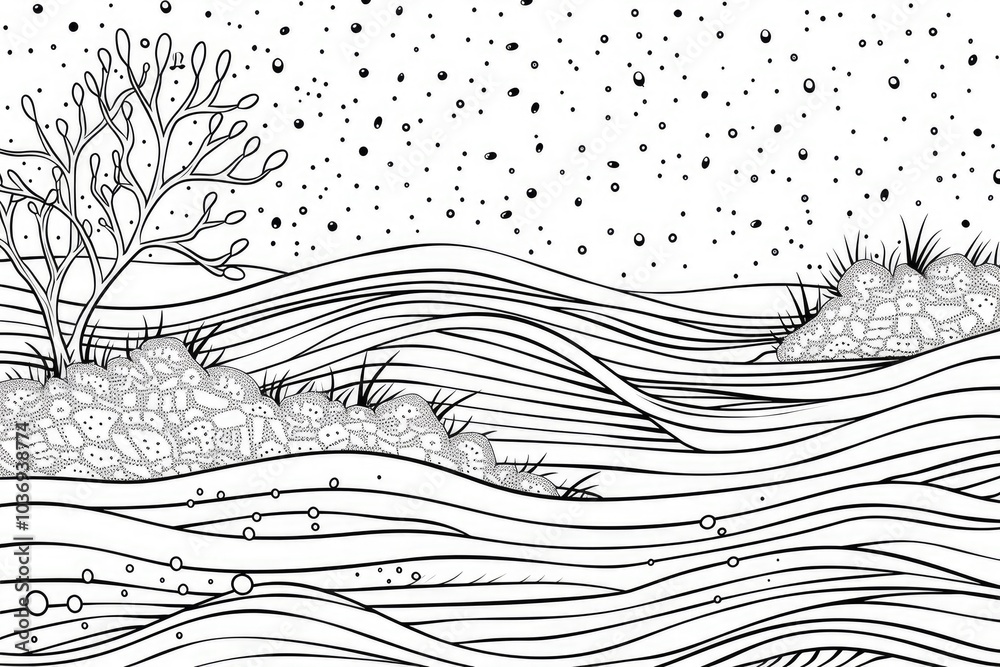 Coloring book illustration of a winter scene with a snow covered wavy ground and textured snow Coloring book illustration of a winter scene with a snow covered wavy ground and textured snow